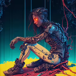 a woman sits in front of neon lights on her boots