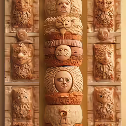 a row of ceramic heads and faces hanging from the ceiling