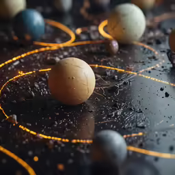 the planets are in space around a yellow and black line