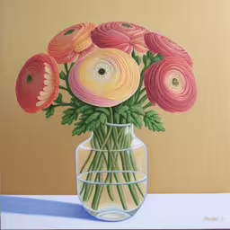 an oil painting of some flowers in a glass vase,a painting of a vase filled with cut up flowers,the colorful flowers are inside of a glass vase,a painting of flowers is displayed in a glass vase,a painting of flowers in a glass vase