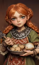 a painting of a girl holding an plate of eggs