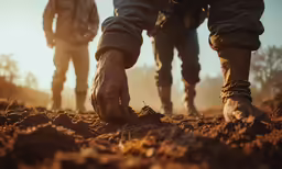 a couple of people standing on top of a dirt field