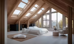 there is an attic style bedroom with large windows