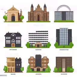 a set of six houses with different architectural styles,detailed buildings in flat and pixel style royalty