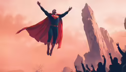 a man in a red cape flying above a crowd