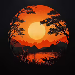 a painting of the sun rising over the hills