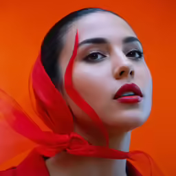 a woman with red lips and a red veil around her head