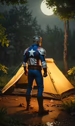 a man in captain america suit standing next to a tent,the captain is standing outside his tent by himself