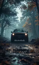 an automobile drives on a wet road in the woods