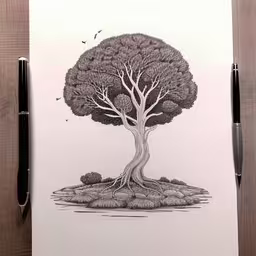 a tree is shown in pencil on top of a paper,pen drawing of a tree with its roots protruding out,the drawing is of a tree that has been cut out,a drawing of a tree on a paper,a pen drawing of a tree with branches