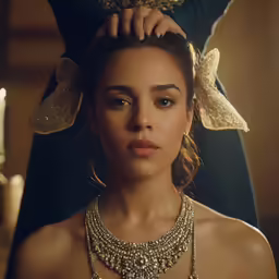 a woman with blond hair, wearing a golden necklace and matching earrings