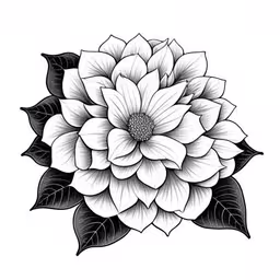 black and white drawing of a flower,a flower that is white with black leaves on it