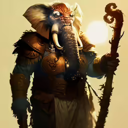 a man with an elephant head holding a wooden stick