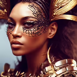 a woman wearing a gold mask with gold accents