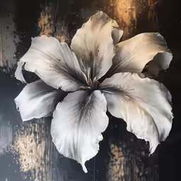 a single white flower is pictured against a dark background