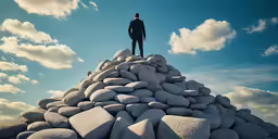 a person standing on top of a pile of rocks