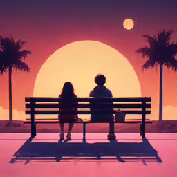 there is a man and woman sitting on a bench,a couple sits on a bench against the setting sun