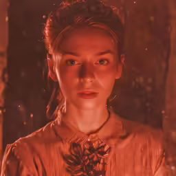 woman in a brown shirt with snow falling off her shoulders
