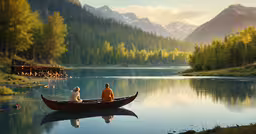 two people in a boat on a lake next to mountains,two people are sitting in a canoe on the water