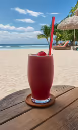 a drink with a straw and a strawberry is on a table