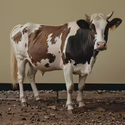 the cow is standing in the dirt by itself