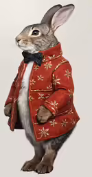 a drawing of a rabbit dressed in clothes and a bow tie