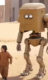 an asian child with a very large toy like robot