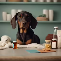a dachshund sitting in front of an array of honey jar items