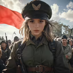 a woman in an army uniform stands with a red flag