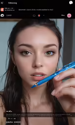 the girl is posing with a blue pen