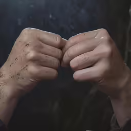 a hand with dirty, peeling marks holds out his fist