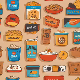 a wall filled with lots of food and drinks,some cartooned food items are arranged in a pattern