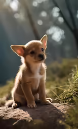 a small puppy standing on a rock near some bushes