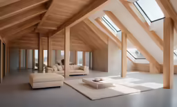 a loft living room with skylights, and a couch in front