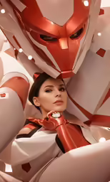 woman wearing white and red futuristic suit with head turned to side