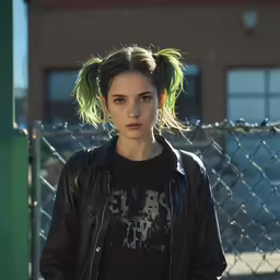 a young woman with green hair and black shirt