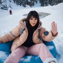 a woman sits on top of a tube while waving