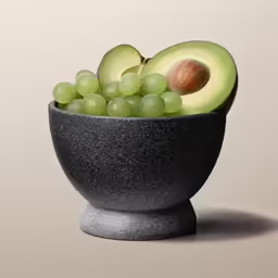 a black bowl with green fruit inside of it