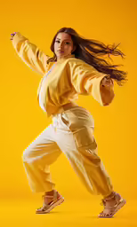 the woman is dancing and posing with her arms in the air