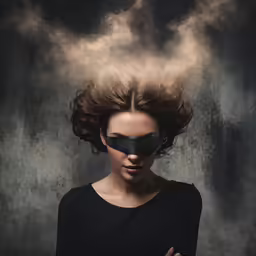 woman wearing blindfold with smoke billowing from her forehead