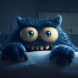 an animated furry monster sits behind a stuffed wall