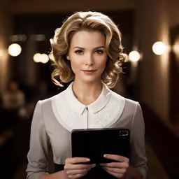 a beautiful woman in dress holding and operating a tablet