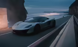 the silver car driving on the road near the ocean