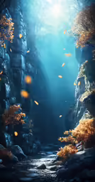 a stream of water inside of a cave under sunbeames