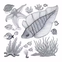 a drawing of a sea animal and other underwater creatures,a pen drawing of different sea life including starfish, fish, and octopus