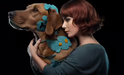 a woman is holding her dog in her arms