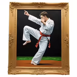 a painting with an image of a man in white karate gear