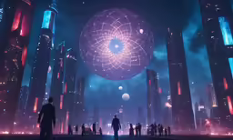 futuristic cityscape with large structure above