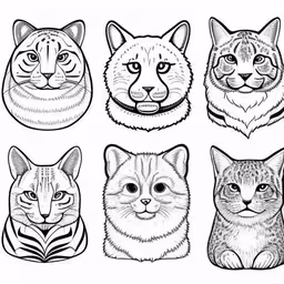 the heads of animals, the heads of cats,hand drawn cartoon illustration of cat heads stock photo,a line drawing of cats faces,six cats are drawn in black and white,four different kinds of cats sitting next to each other