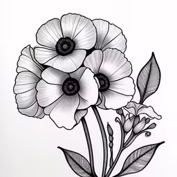some flowers that are black and white,black and white drawing of some flowers on a white background